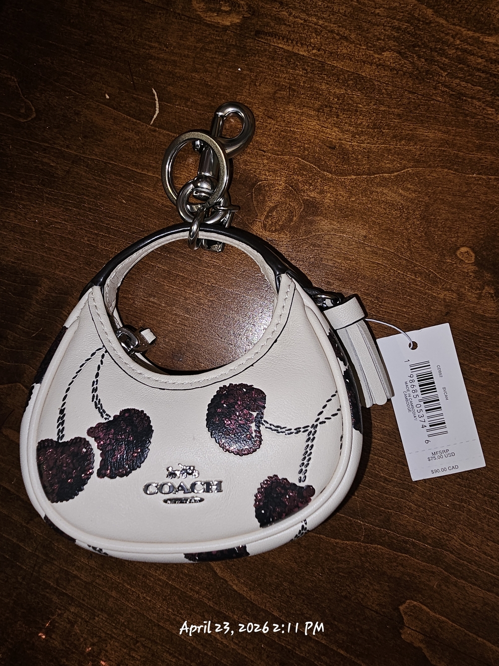 Coach White Mini Bag Charm with Cherry Print and Silver Hardware